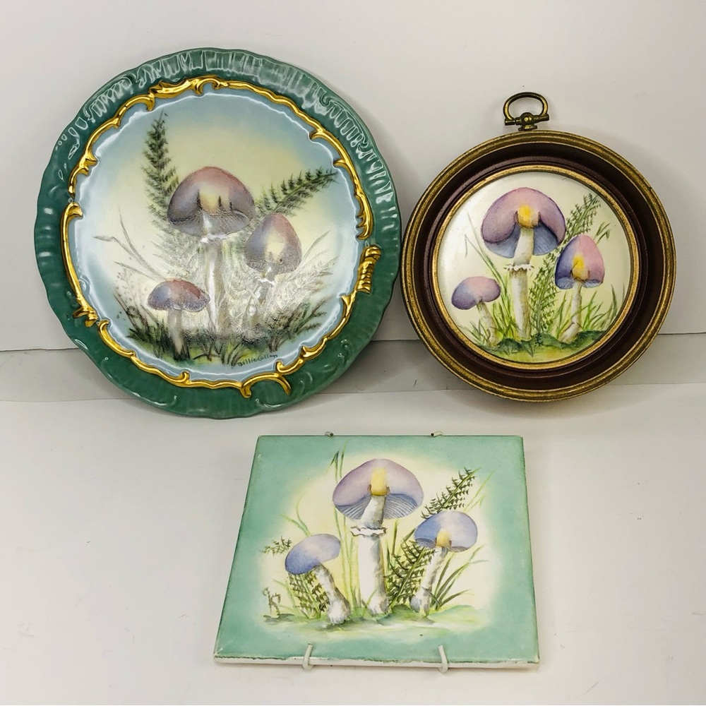 3 VTG Ceramic Plate Tiles Mushrooms Art Frame Signed Wall Hanging Round Square